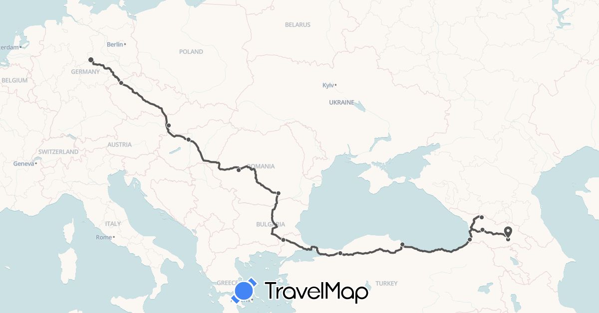 TravelMap itinerary: driving, motorbike in Czech Republic, Germany, Georgia, Hungary, Romania, Slovakia, Turkey (Asia, Europe)